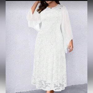 SHEIN Women’s Plus Size Lace Patchwork Flare Sleeve Dress Maxi White Lace